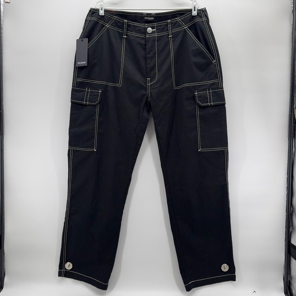 True Religion Bobby Baggy Cargo Mens Waist 36 Jet Black Contrast Stitch Pants